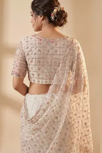 women's rust net partywear saree with unstitched blouse