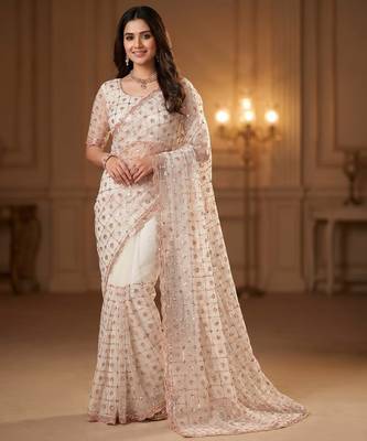 Women's rust net partywear saree with unstitched blouse 1