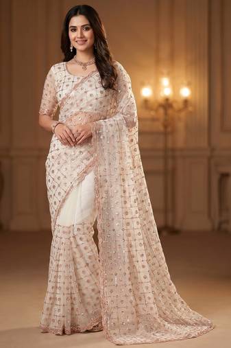 Women's rust net partywear saree with unstitched blouse