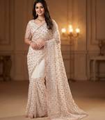 Women's rust net partywear saree with unstitched blouse