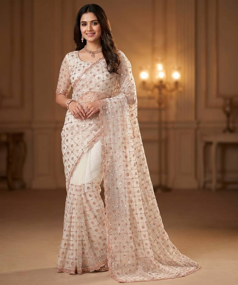 Women's rust net partywear saree with unstitched blouse