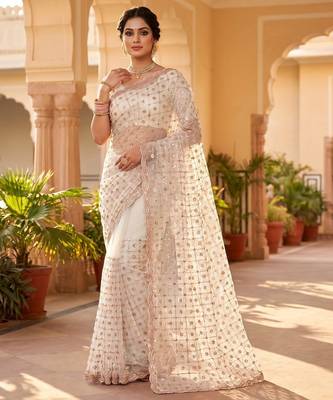 Women's rust net partywear saree with unstitched blouse 5