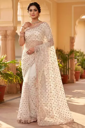 women's rust net partywear saree with unstitched blouse