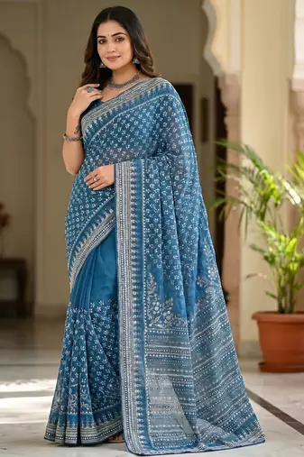 Women's blue gorgette partywear saree with unstitched blouse