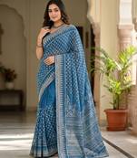 Women's blue gorgette partywear saree with unstitched blouse