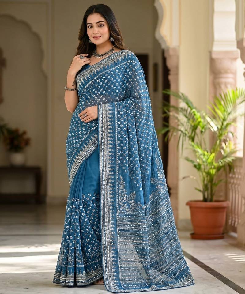 Women's blue gorgette partywear saree with unstitched blouse