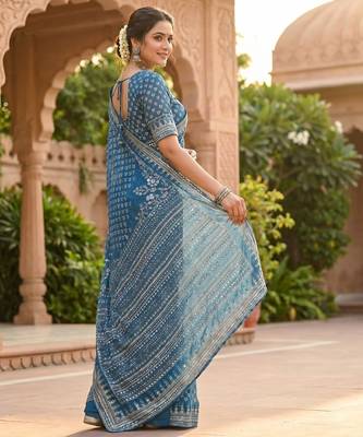 Women's blue gorgette partywear saree with unstitched blouse 2