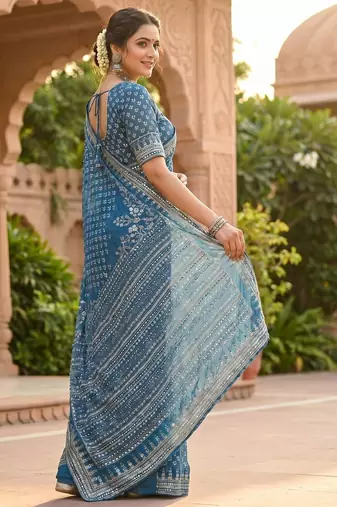Women's blue gorgette partywear saree with unstitched blouse