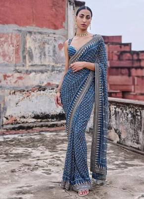 Women's blue gorgette partywear saree with unstitched blouse 3