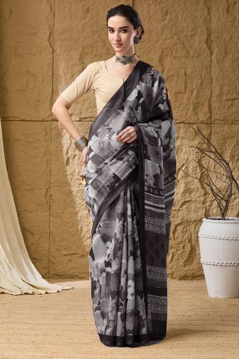 Black abstract print cotton silk regular saree