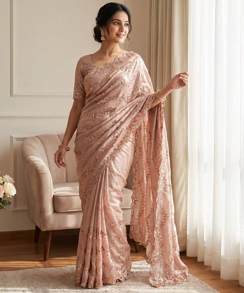 Women's pesly silk partywear saree with unstitched blouse