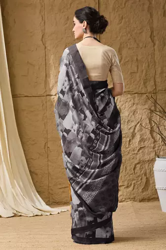 Black abstract print cotton silk regular saree