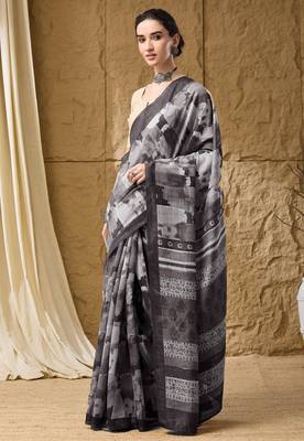 Black abstract print cotton silk regular saree 3