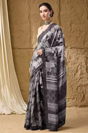 Black abstract print cotton silk regular saree