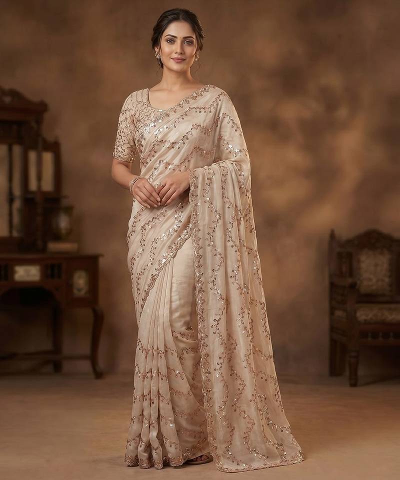 Women's rust silk partywear saree with unstitched blouse