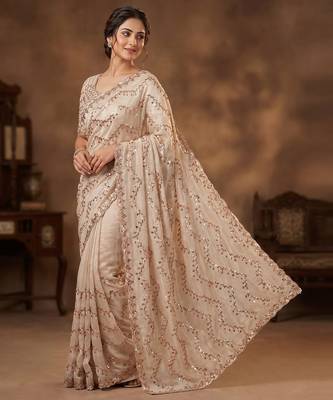 Women's rust silk partywear saree with unstitched blouse 2