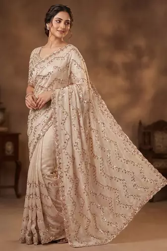 women's rust silk blend partywear saree with unstitched blouse