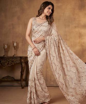 Women's rust silk partywear saree with unstitched blouse 3