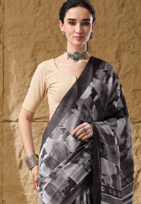 Black abstract print cotton silk regular saree 5