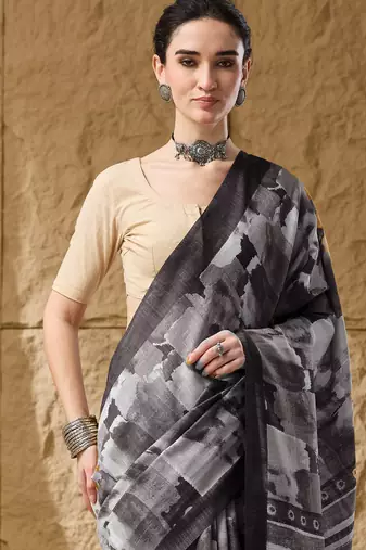 Black abstract print cotton silk regular saree