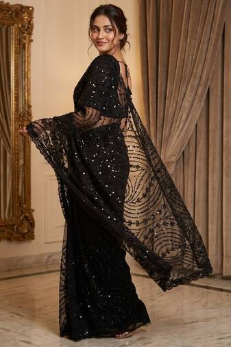 Women's black net partywear saree with unstitched blouse