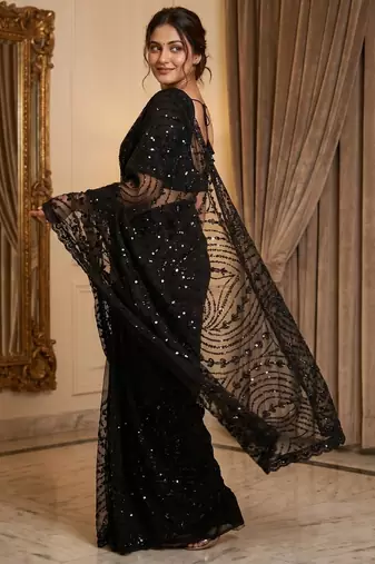 Women's black net partywear saree with unstitched blouse