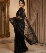 Women's black net partywear saree with unstitched blouse