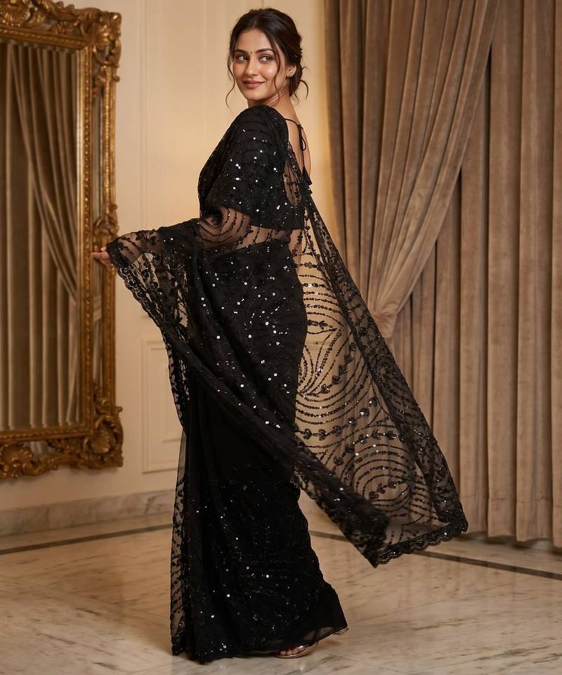 Women's black net partywear saree with unstitched blouse