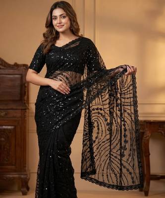 Women's black net partywear saree with unstitched blouse 2