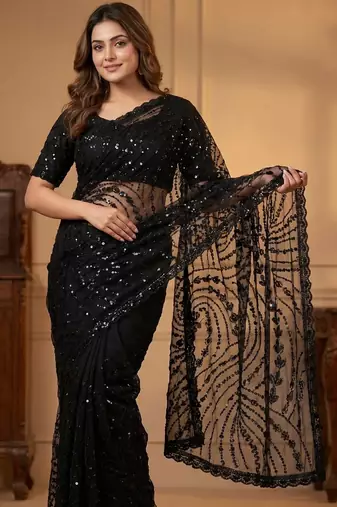 Women's black net partywear saree with unstitched blouse