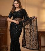 Women's black net partywear saree with unstitched blouse