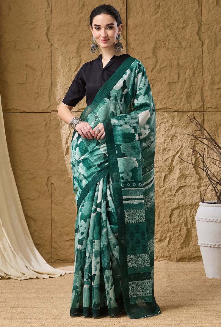 Green abstract print cotton silk regular saree