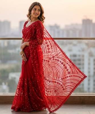 Women's red net partywear saree with unstitched blouse 1