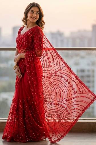 women's red net partywear saree with unstitched blouse