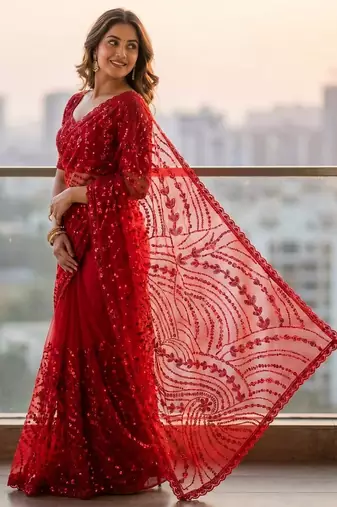 women's red net partywear saree with unstitched blouse