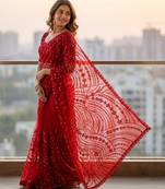 Women's red net partywear saree with unstitched blouse