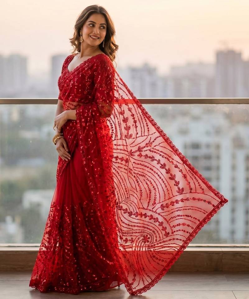 Women's red net partywear saree with unstitched blouse