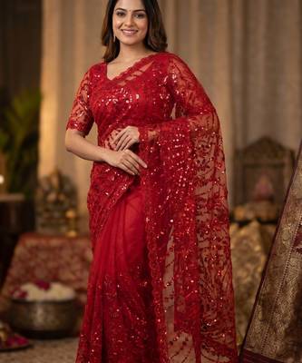 Women's red net partywear saree with unstitched blouse 2