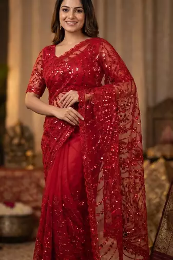 women's red net partywear saree with unstitched blouse