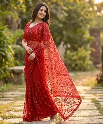 Women's red net partywear saree with unstitched blouse 3