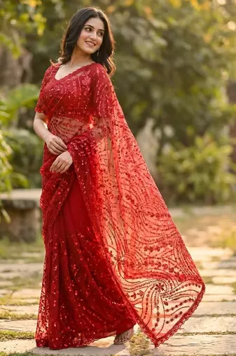 women's red net partywear saree with unstitched blouse