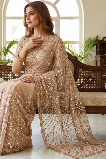 women's rust net partywear saree with unstitched blouse