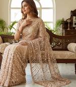 Women's rust net partywear saree with unstitched blouse