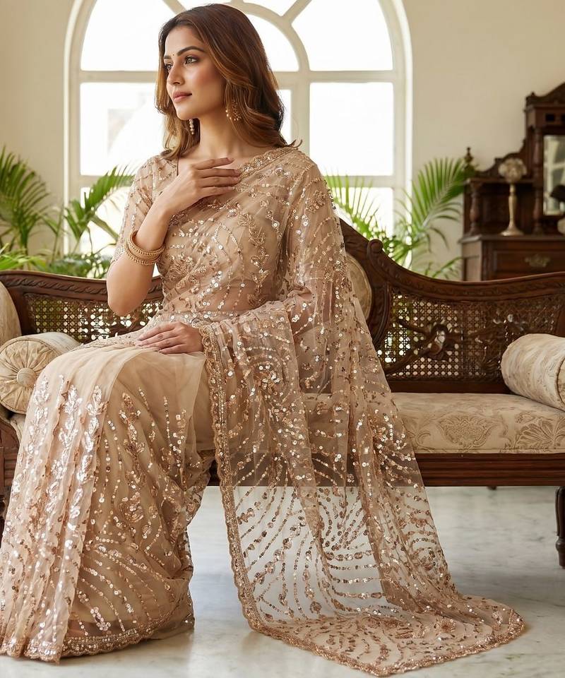 Women's rust net partywear saree with unstitched blouse