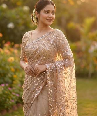 Women's rust net partywear saree with unstitched blouse 2