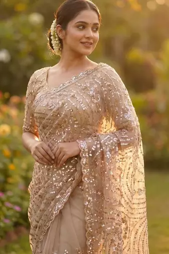 women's rust net partywear saree with unstitched blouse
