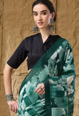 Green abstract print cotton silk regular saree 5