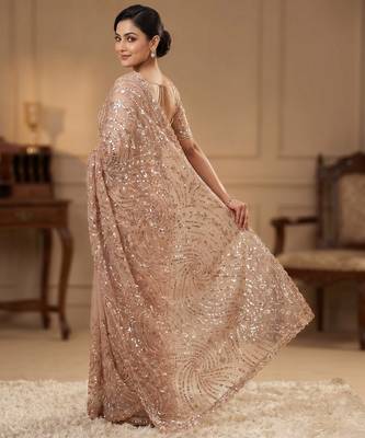 Women's rust net partywear saree with unstitched blouse 3