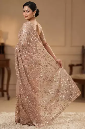 women's rust net partywear saree with unstitched blouse