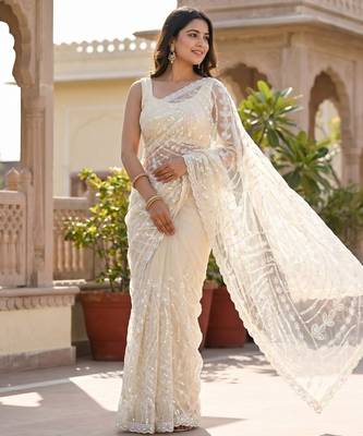 Women's white net partywear saree with unstitched blouse 1